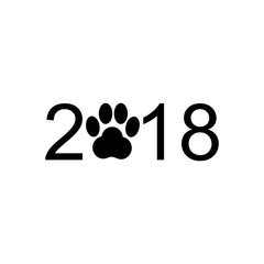 Happy New Year 2018. Paw dog sign. Text