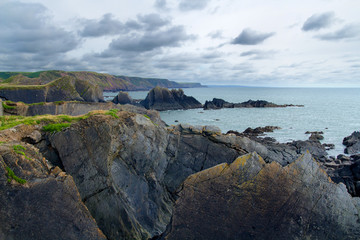 Fototapeta na wymiar Fancy rock formations on the coast in Devonshire. England