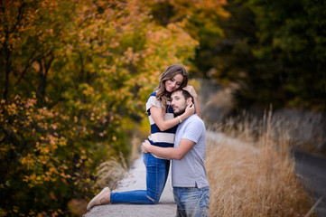 Couple in love outdoors. Autumn day.