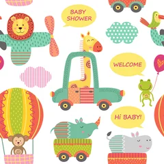 Wallpaper murals Animals in transport seamless pattern with baby jungle animals in transport  - vector illustration, eps  