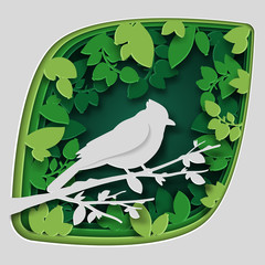 Paper art carve to bird on tree branch in forest at night, origami concept nature and animals idea, vector art and illustration.