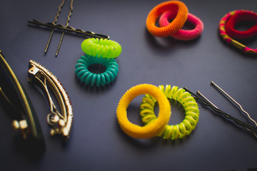 Accessories for hair, colorful elastic bands and barrettes