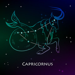 Capricornus ( Capricorn ) - one of the constellations of the zodiac and  the astrological sign against a dark starry sky. Vector illustration on a black background