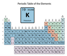 Potassium big on periodic Table of the Elements with atomic number, symbol and weight with color delimitation on white background vector