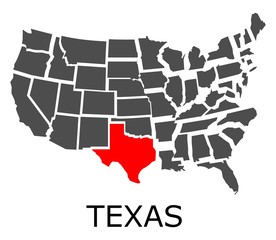 Bordering map of USA with State of Texas marked with red color.