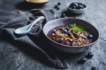Chocolate Quinoa porridge with almonds and blueberry - obrazy, fototapety, plakaty
