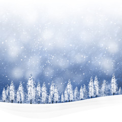 Magic winter season snowfall landscape with snowy trees on the hills. Christmas and New Year holiday greeting card illustration background with copy space.