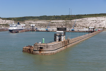 English harbor of Dover with jetty and ferry