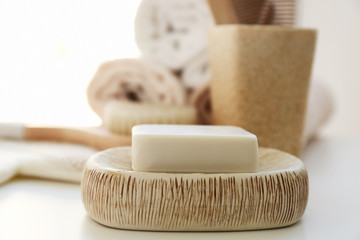 Aromatic soap on dish, closeup