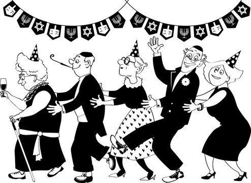 Group of active seniors dancing conga line at Hanukkah party, EPS 8 vector line art, no white objects, only black