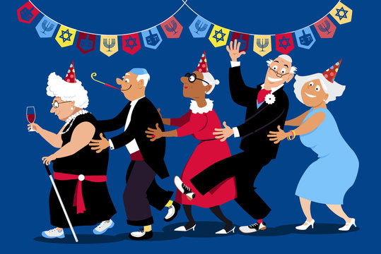 Group of active seniors dancing conga line at Hanukkah party, EPS 8 vector illustration