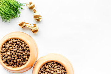 large bowl of pet - dog food with toy and plant on white background top view mockup