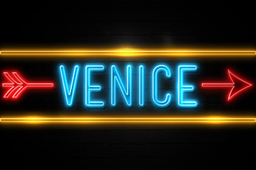 Venice  - fluorescent Neon Sign on brickwall Front view