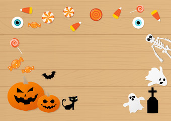 Happy halloween set of characters in cartoon paper style with pumpkin, ghost, skeleton, black cat, bat and candy on the wood table, horizontal view from above. Vector illustration.