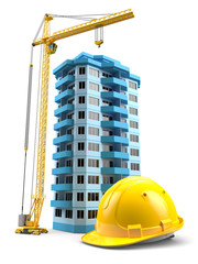 Construction tower crane, helmet and model house