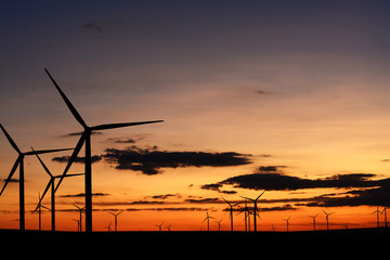 Wind farm silhouette at dusk