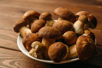 Plate with Porcini Mushrooms on wooden background