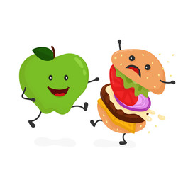 Happy smile strong apple  kick burger, hamburger. Vector modern flat style cartoon character illustration icon design.Isolated on white background. Healthy food against unhealthy fast food.Nutrition