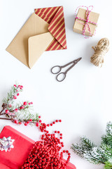 gifts wrapping set with envelopes for new year and christmas 2018 greeting on white background top veiw