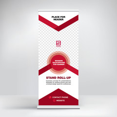 Banner roll-up design, red graphic template for the exhibition stand, for the conference, accommodation advertising information and photos. Business concept, vector background