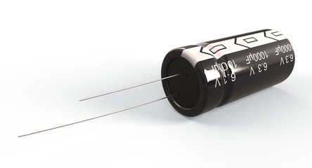 3D rendering - closeup electrolytic capacitor isolated on white background.