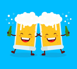 Two cute dancing fun friend drunk beer glasses