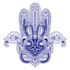 Lace paisley composition. Stylized vector image of hamsa hand. Traditional symbol of Middle East, India, Northern Africa, blue outlines isolated on white background. Element for your design.