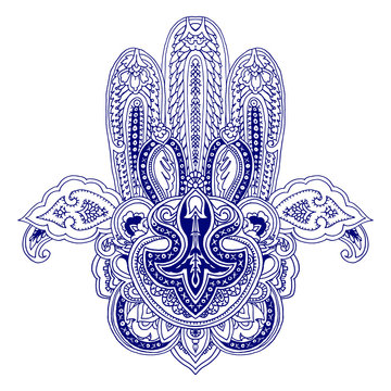 Lace paisley composition. Stylized vector image of hamsa hand. Traditional symbol of Middle East, India, Northern Africa, blue outlines isolated on white background. Element for your design.