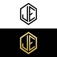 initial letters logo je black and gold monogram hexagon shape vector