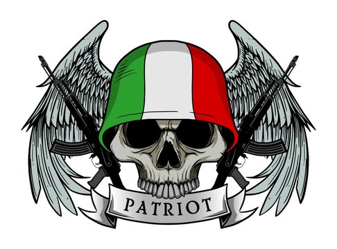 Military skull or patriot skull with ITALY flag Helmet and Wings Background and ak47 Gun