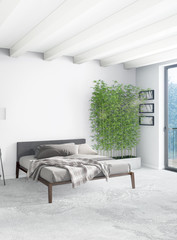Vertical Bedroom Minimal or Loft style Interior Design. 3D Rendering. Concept idea.