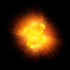 Deurstickers Vlam Realistic fire explosion, orange blast with sparks isolated on black background