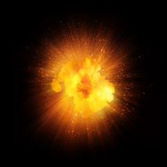 Explosion de feu réaliste, explosion orange avec des étincelles isolées sur fond noir