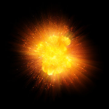Realistic fire explosion, orange blast with sparks isolated on black background