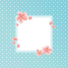 Flying Pink Sakura flowers isolated on Green dotted background. Apple-tree flowers. Square Frame Cherry blossom. Vector EPS 10, cmyk