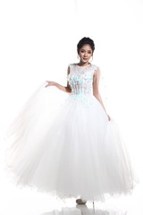 Lovely Asian Beautiful Woman bride in white wedding gown dress with lace, black hair