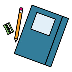 text book school with pencil and sharpeneer vector illustration design