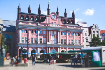 Kussenhoes View of Rostock city old town market square with Town Hall, historical center, Germany © tsuguliev