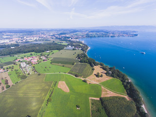 Aerial view of Bodensee, a lake in Germany, Austria and Switzerland, shot from drone