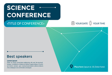 Science conference invitation concept. Advertising of scientific seminar. Colorful simple geometric background. Template for banner, poster, flyer, magazine page. Vector eps 10.