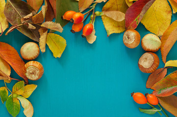 Border from colorful autumn leaves, Berries, nuts on the wooden background. Fall background.