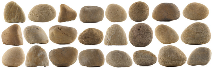 set of various natural pebble stones isolated on white background
