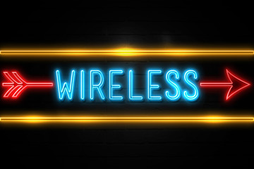 Wireless  - fluorescent Neon Sign on brickwall Front view