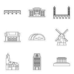 Skyscraper icons set, outline style