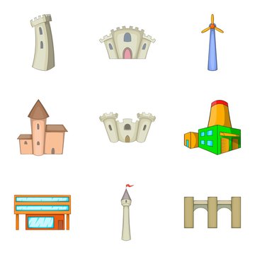 Belfry icons set, cartoon style