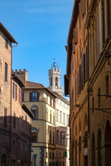 Old buildings and the Torre del Mangia in the medieval city of Siena in Italy