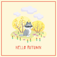 Hello autumn. Greeting card with the image of cute forest animal and trees in cartoon style. Children’s illustration. 