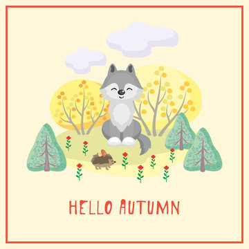 Hello autumn. Greeting card with the image of cute forest animal and trees in cartoon style. Children’s illustration. 