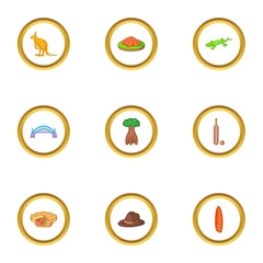 Trip to wild Australia icons set, cartoon style