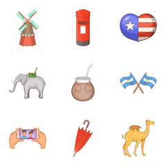 Travel around world icons set, cartoon style